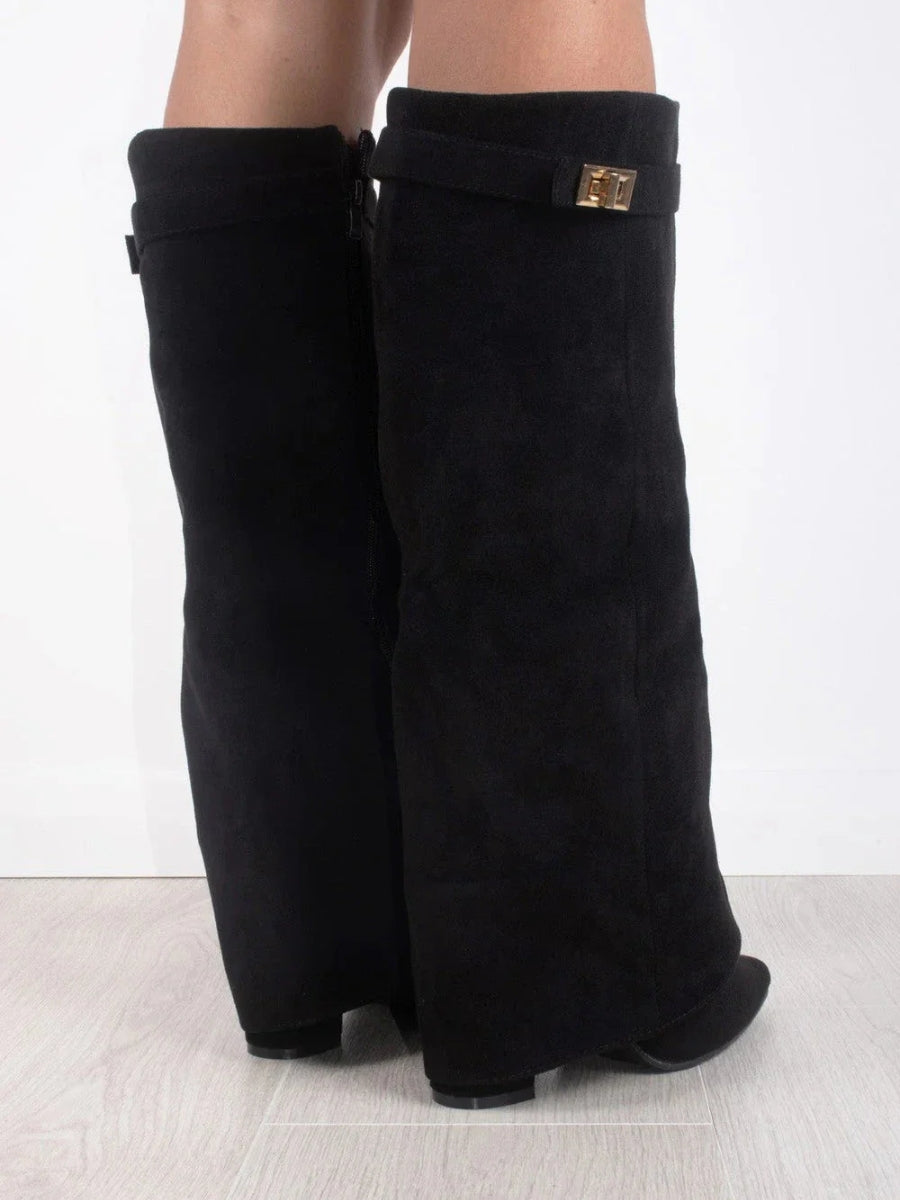 Women’s Knee High Boots with Wide Flare Top and Block Heel
