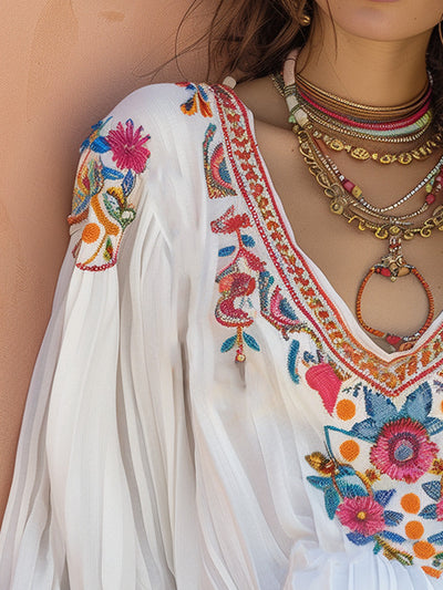 White Embroidered Cotton and Linen Long Sleeve Blouse