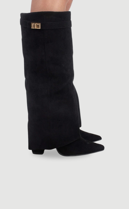 Women’s Knee High Boots with Wide Flare Top and Block Heel