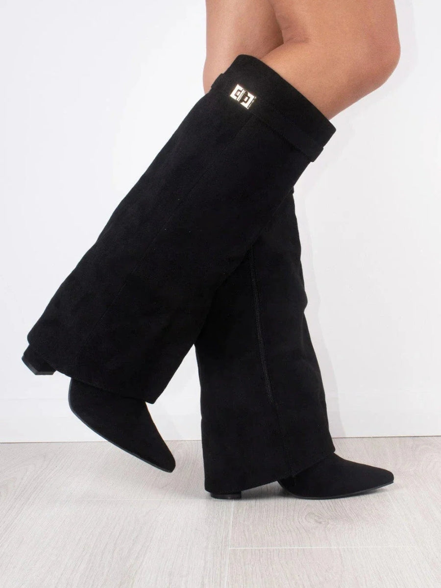 Women’s Knee High Boots with Wide Flare Top and Block Heel