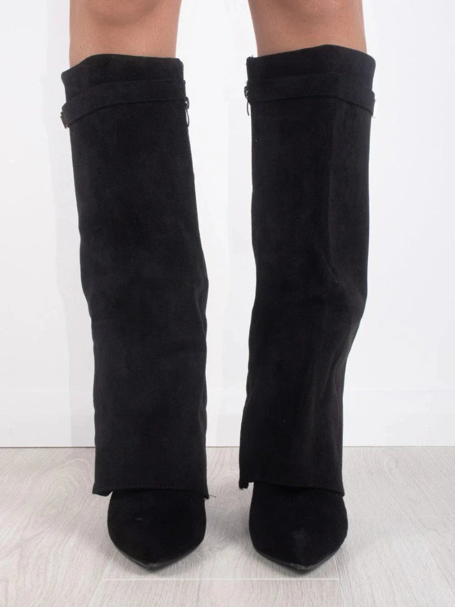 Women’s Knee High Boots with Wide Flare Top and Block Heel