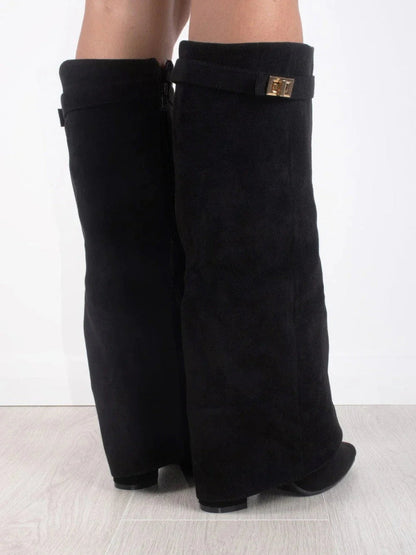 Women’s Knee High Boots with Wide Flare Top and Block Heel