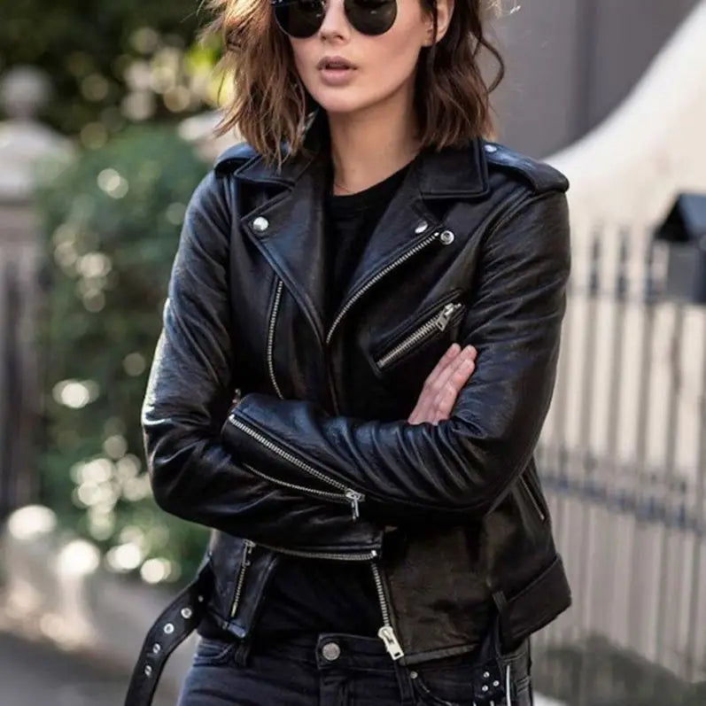 Rebel Luxe Black Leather Moto Jacket for Women