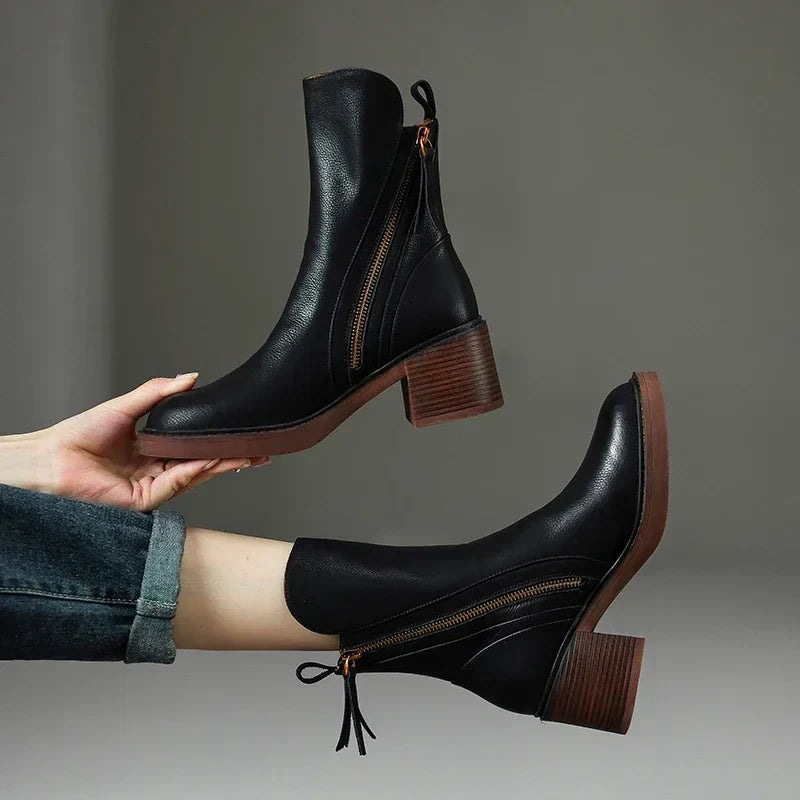 Women’s Ankle Boots with Block Heel and Side Zipper