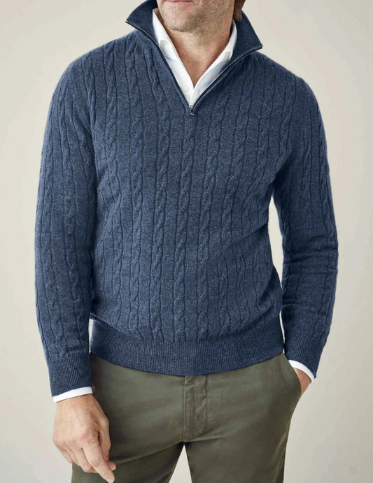 Men's Zipper Sweater with Cable Knit Texture