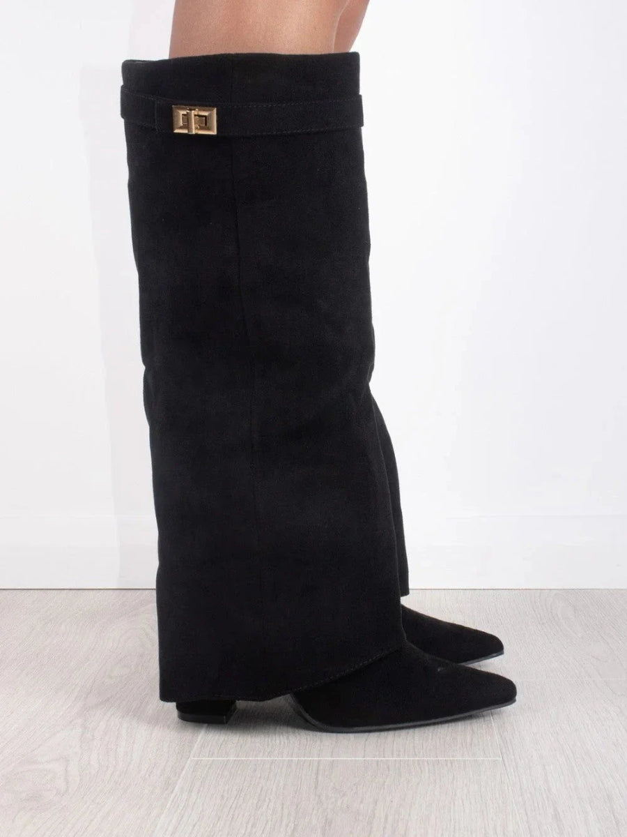 Women’s Knee High Boots with Wide Flare Top and Block Heel
