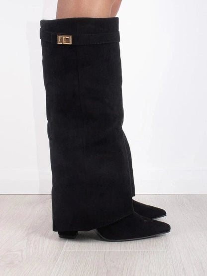 Women’s Knee High Boots with Wide Flare Top and Block Heel